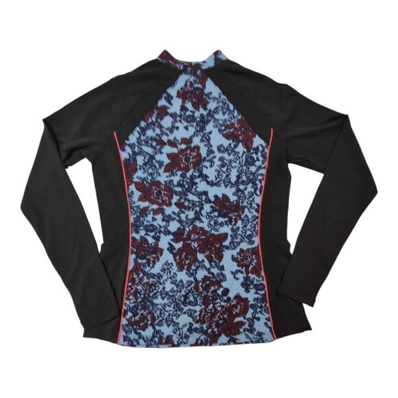 Floral Rash Guard Swim Top Colorblock Long-Sleeve Zip Black & Blue Womens M - Picture 2 of 8
